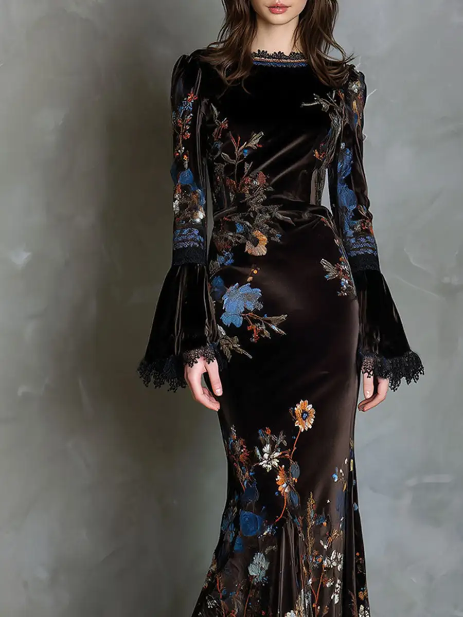 Elegance Midnight Velvet Floral Gown With Lace Trim