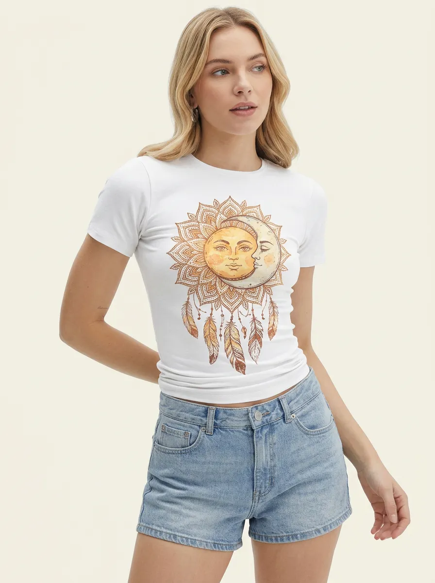 Women's Celestial Boho Sun Moon Dreamcatcher Printed T-shirt