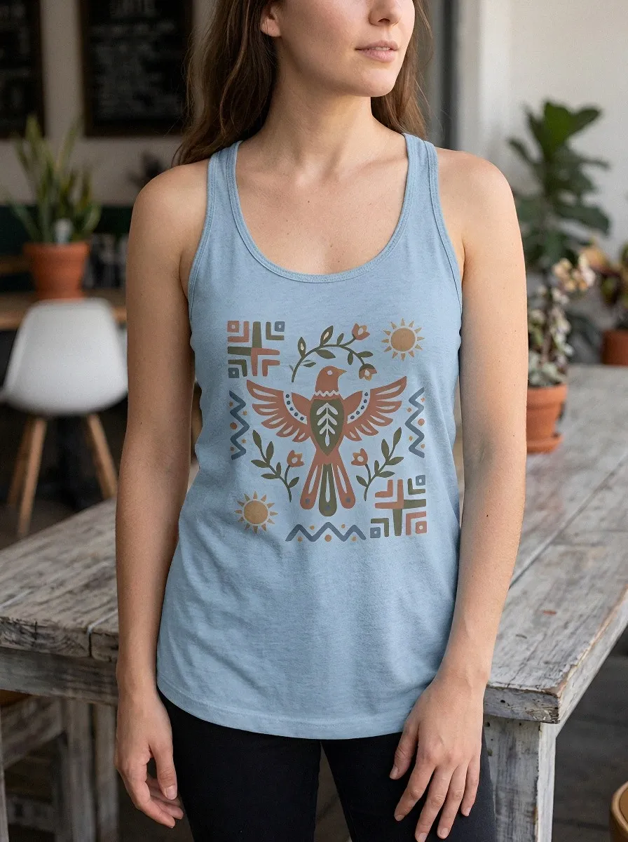 Women's Boho Nature Lover Bird Sun Floral Printed Tank Top
