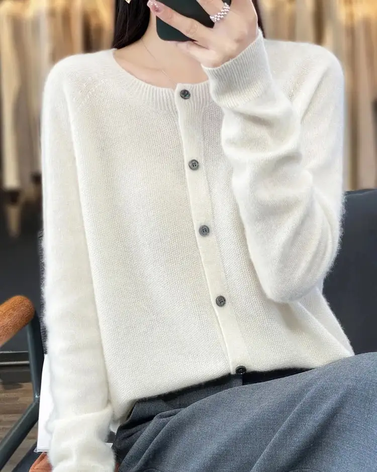 Refined Wool Button-Front Round-Neck Cardigan