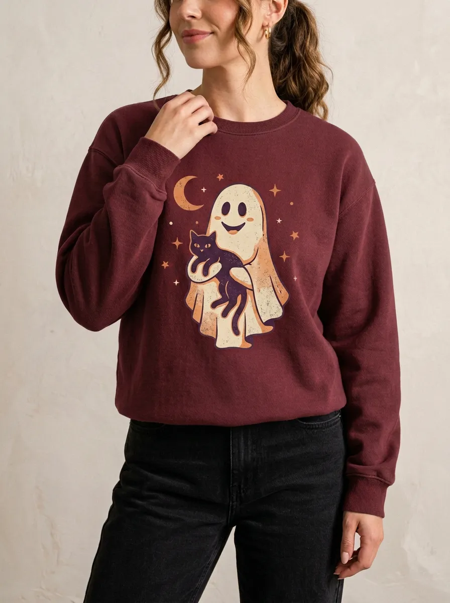 Women's Halloween Ghost Cat Moon Stars Printed Sweatshirt