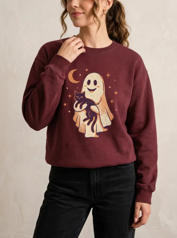 Women's Halloween Ghost Cat Moon Stars Printed Sweatshirt