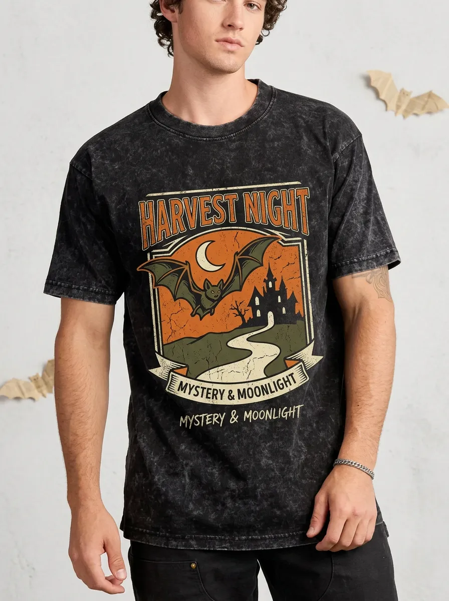 Men's Halloween Harvest Night Bat Castle Printed T-shirt