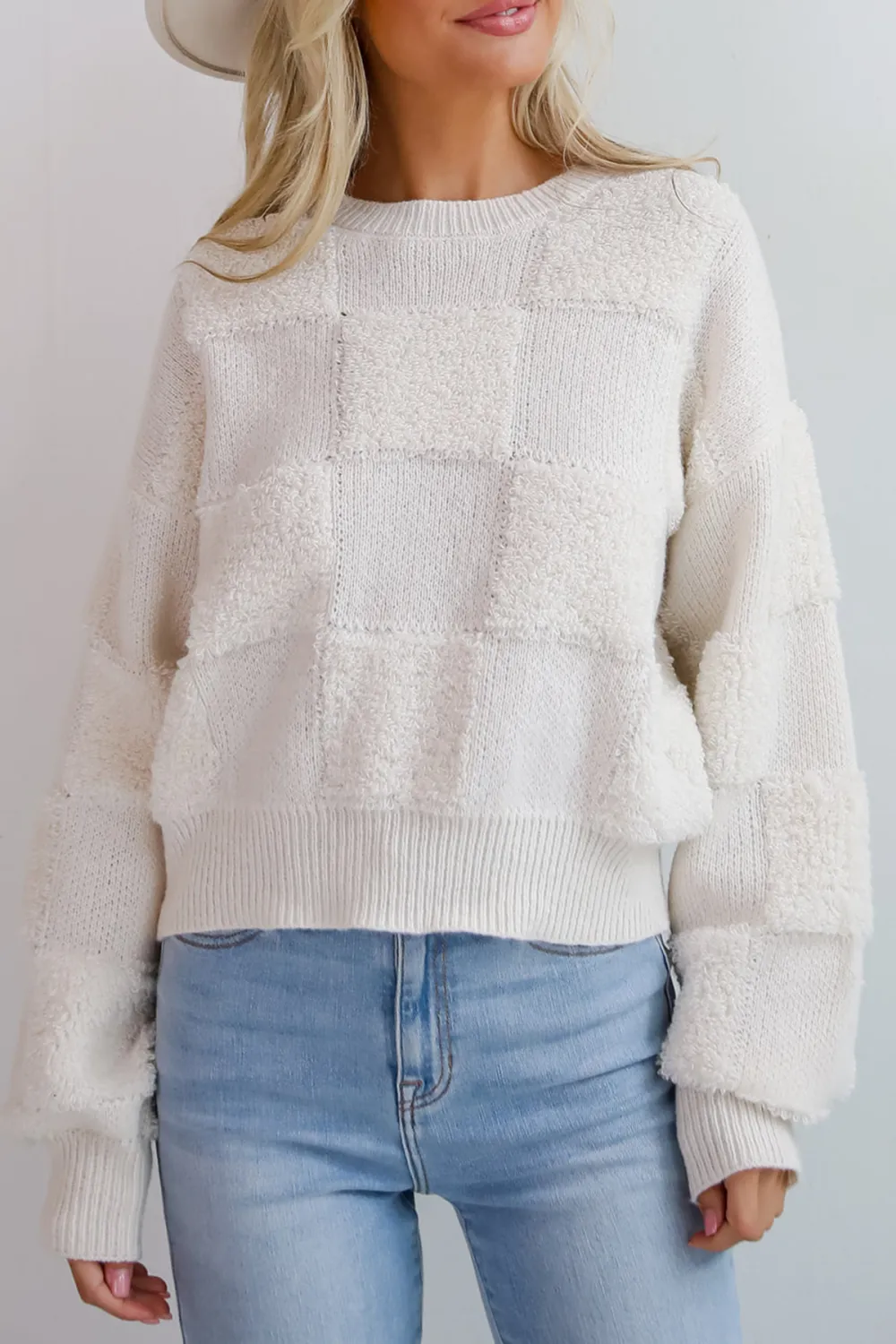 Cream Checkered Fuzzy Knit Sweater