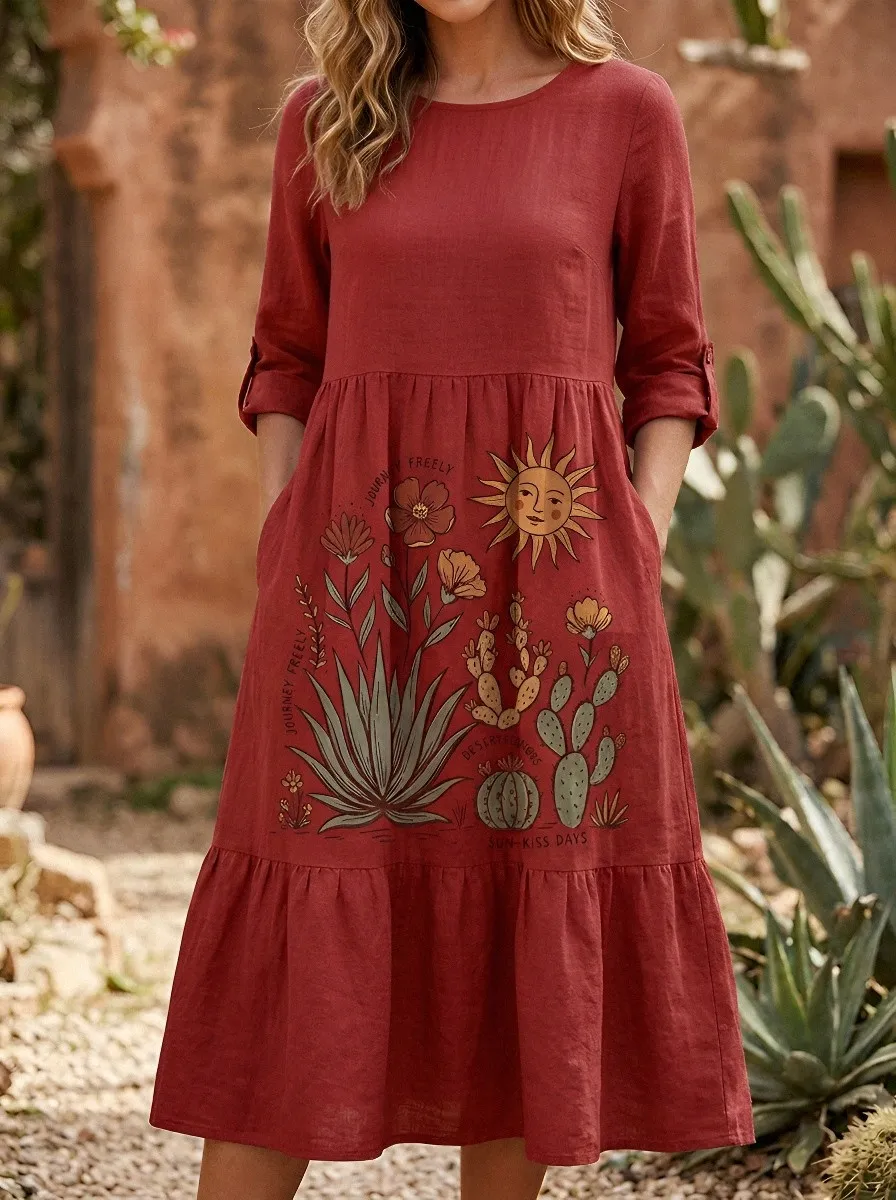 Women's Boho Desert Cactus Sun Printed Linen Dress