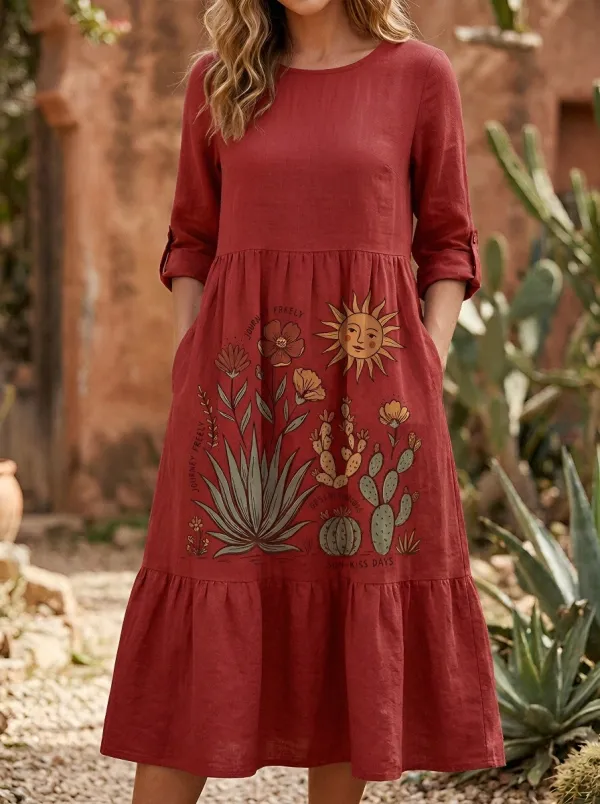 Women's Boho Desert Cactus Sun Printed Linen Dress