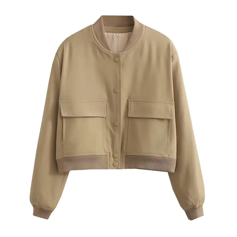 Cropped Snap Front Patch Pocket Ribbed Trim Bomber Jacket