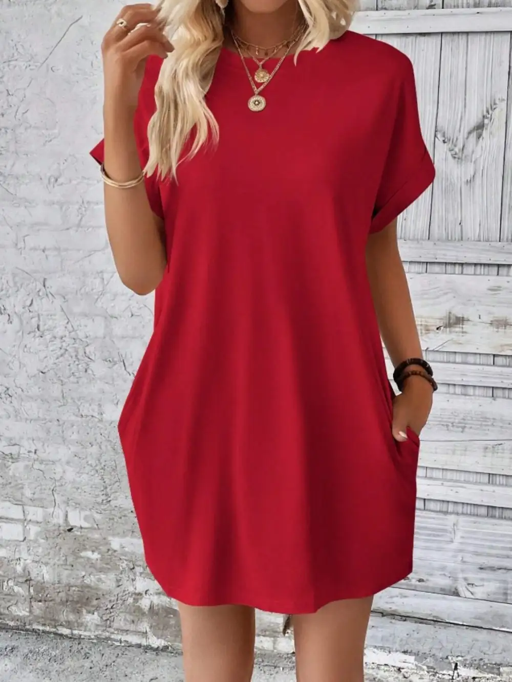 Round-Neck Short-Sleeve Cotton Casual Dress