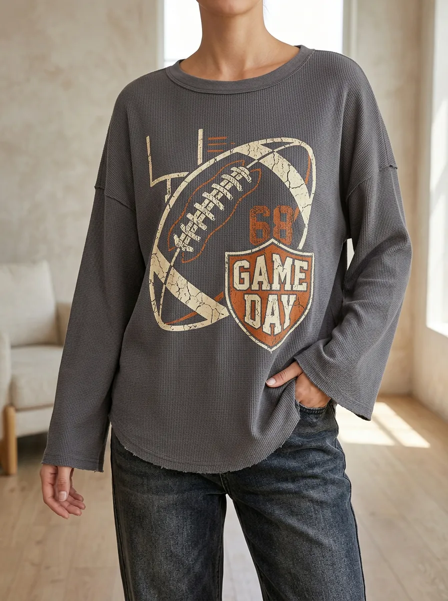 Women's Football Fan 68 Game Day Graphic Printed Waffle Long Sleeve Top