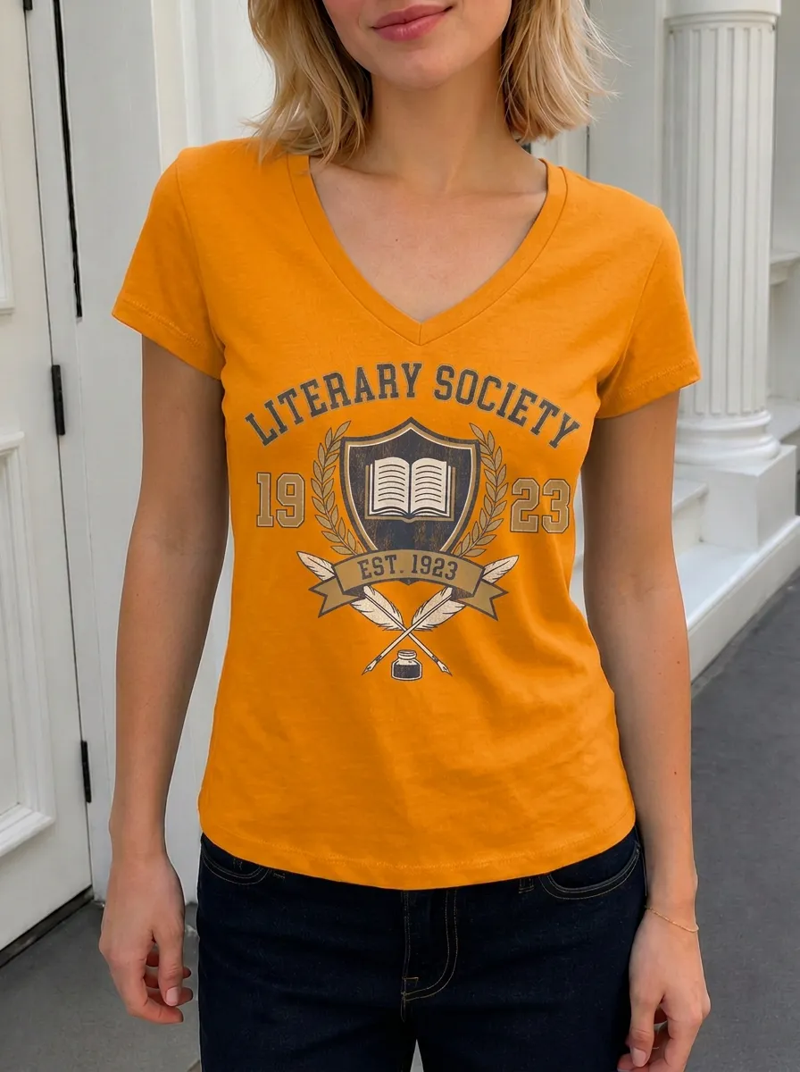 Women's Literary Society Book Lover Shield Printed V-Neck T-Shirt