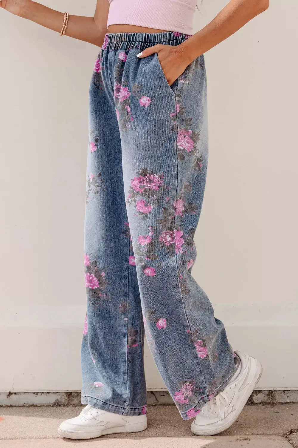 Women' High Waisted Floral Print Wide Leg Elastic Waist Jeans
