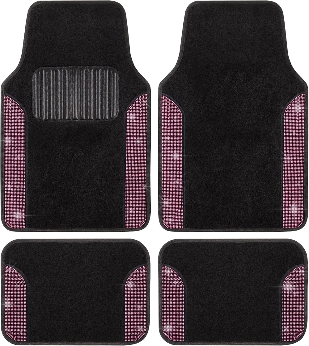 Diamond Bling Car Mats 4-Piece Set, Shiny Rhinestone Crystal Carpet Car Floor Mats, Two-Tone Floor Mats for Cars, Cute Automotive Floor Mats for Women (Pink)