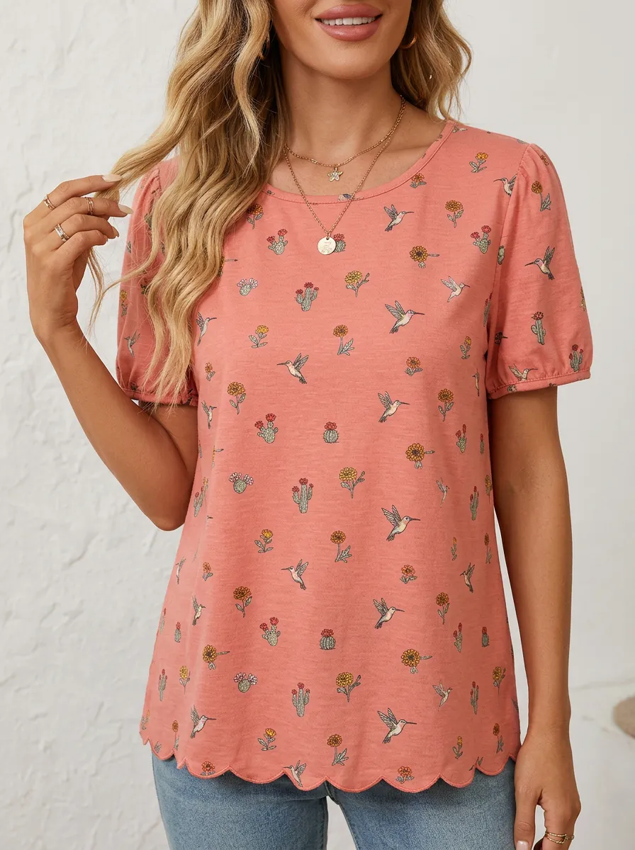 Nature-Inspired Hummingbird Women's Loose Printed T-Shirt