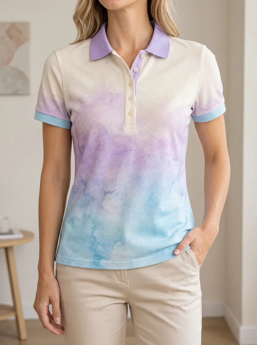 Women's Relaxed Watercolor Tie-Dye Artwork Polo Shirt