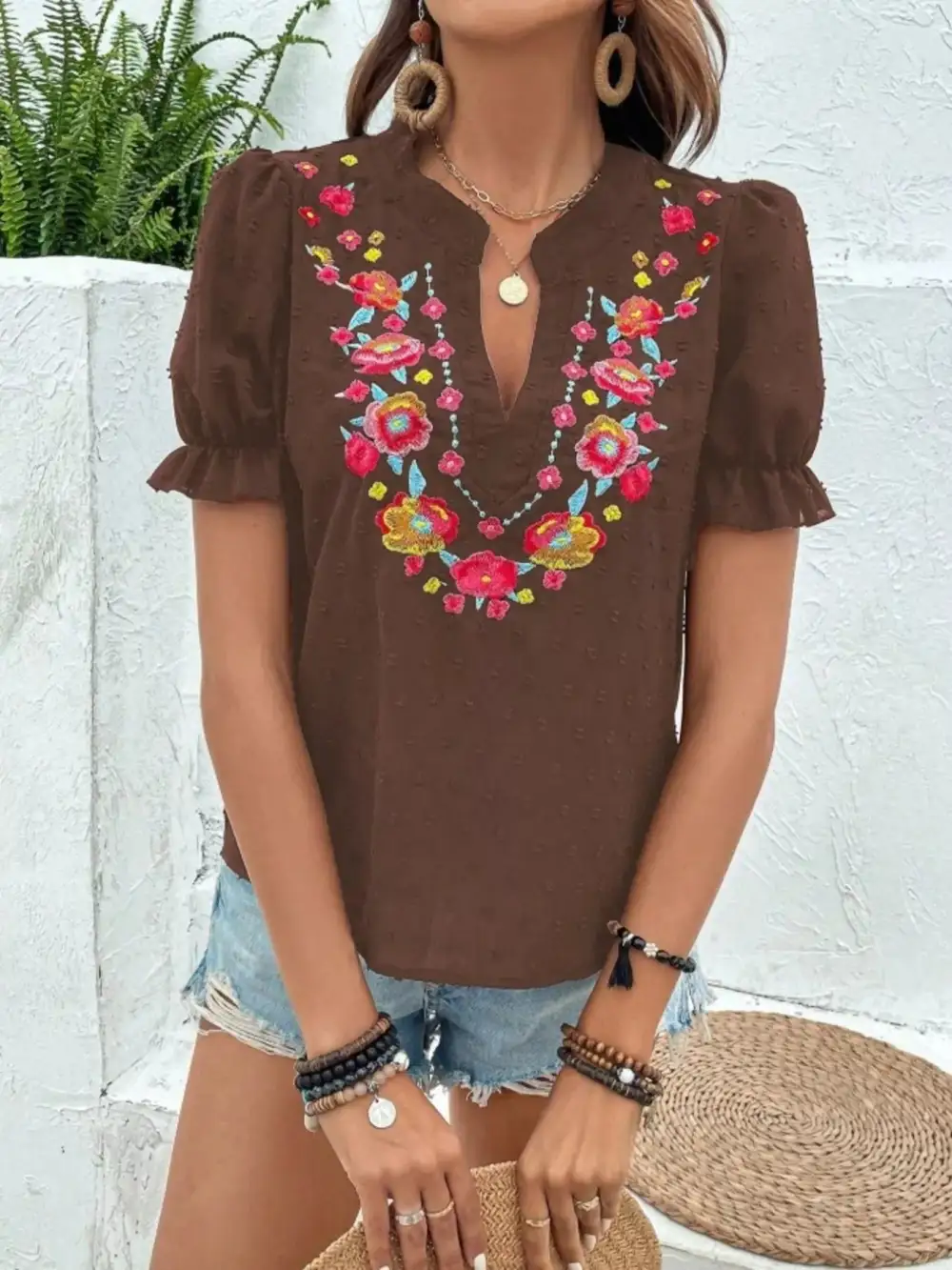Floral Embroidered Puff Sleeve Blouse