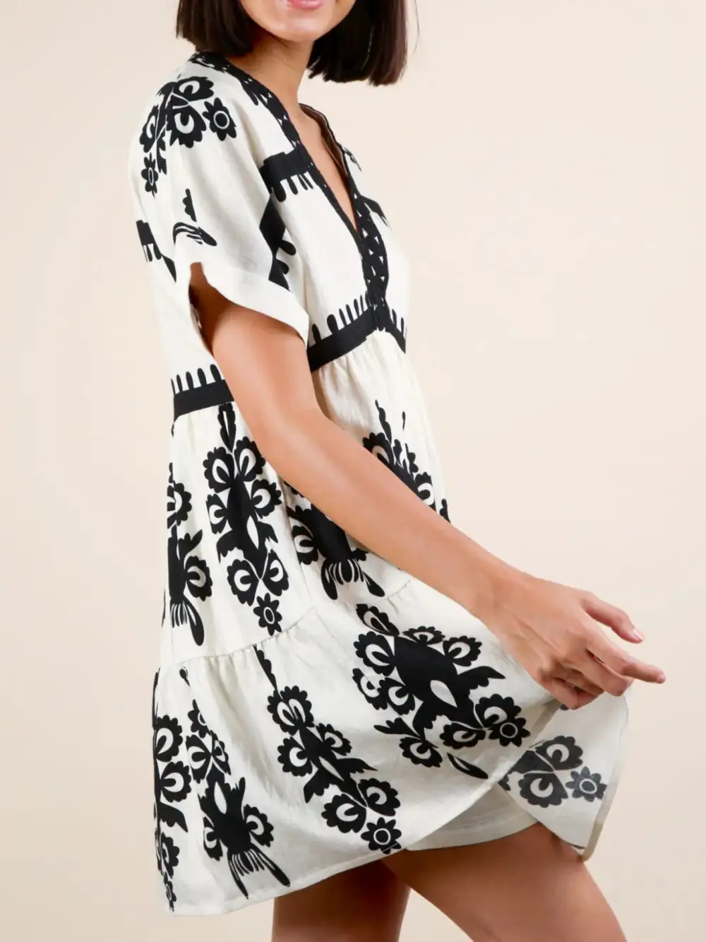 Printed V Neck Short Sleeve Mini Dress