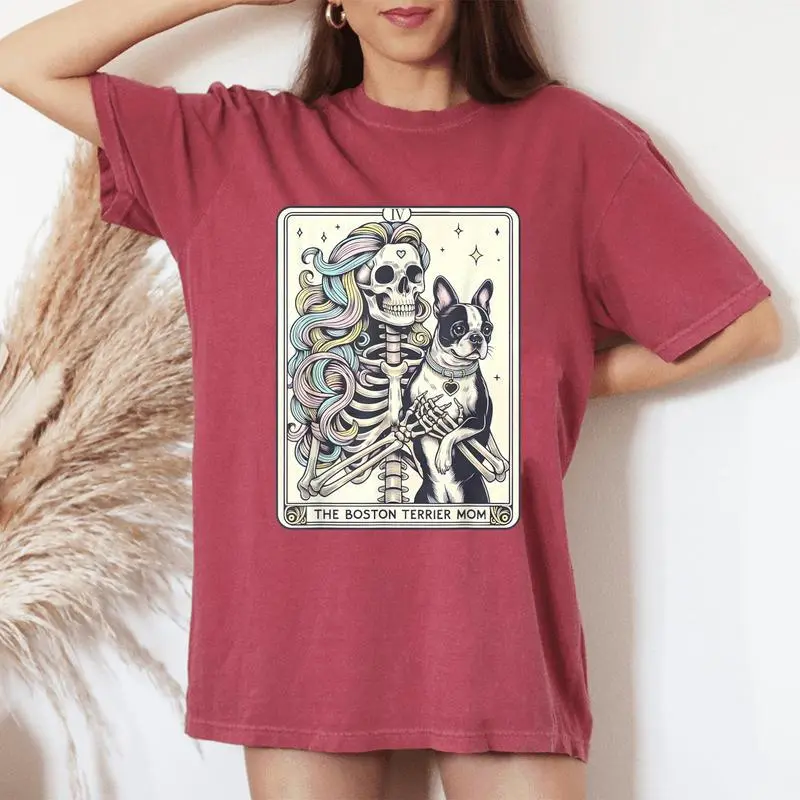 Retro Boston Terrier Mom Tarot Card Skeleton Dog Mama Women's Oversized Comfort T-Shirt