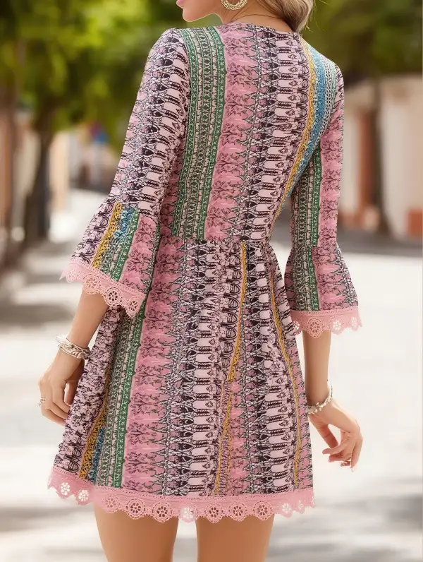 V Neck Print Loose Bohemian Mini Dress