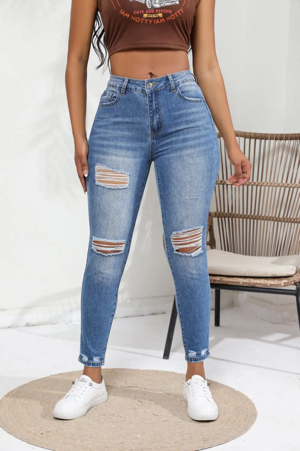 Retro Wash High Waist Stretch Ripped Skinny Jeans