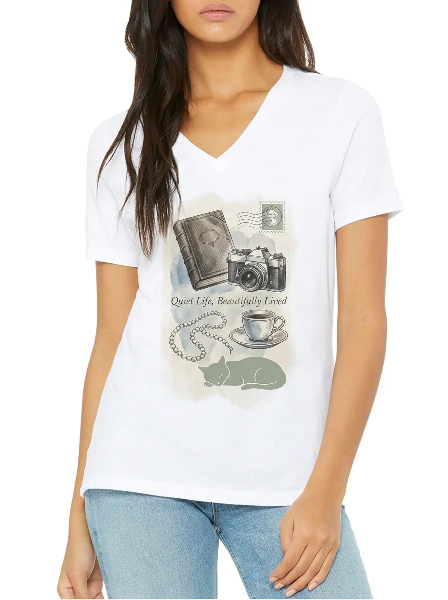 Women's Book Camera Coffee Cat Printed V-Neck T-Shirt