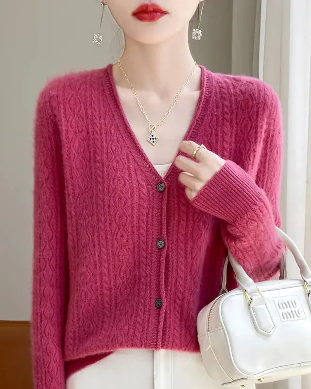 Merino-Wool Wool Button-Front V-Neck Cardigan