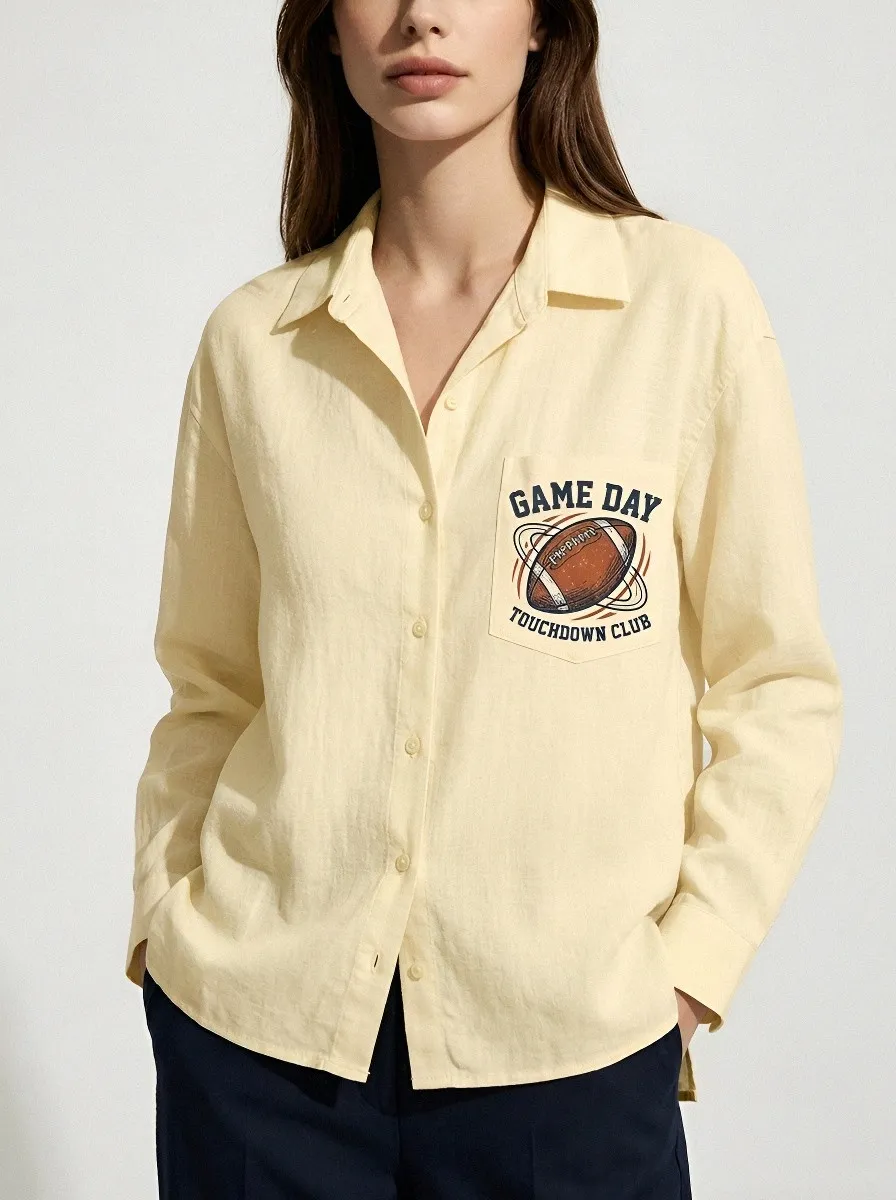 Women's Football Lover Game Day Touchdown Printed Button-up Shirt