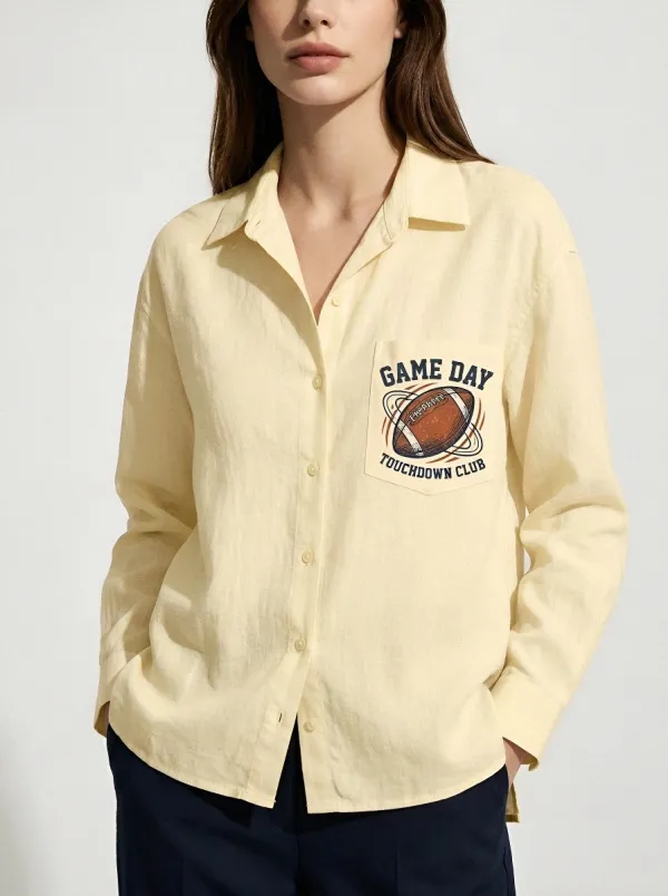 Women's Football Lover Game Day Touchdown Printed Button-up Shirt