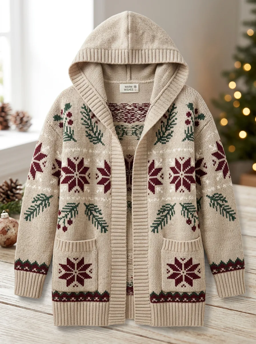 Festive Christmas Snowflake Pine Branch Pattern Knit Hooded Cardigan