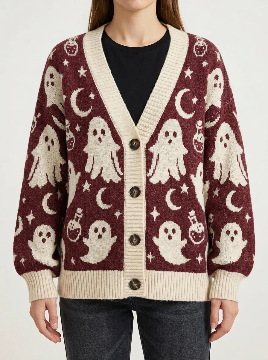 Women's Halloween Ghost Moon Potion Pattern Knitted Cardigan