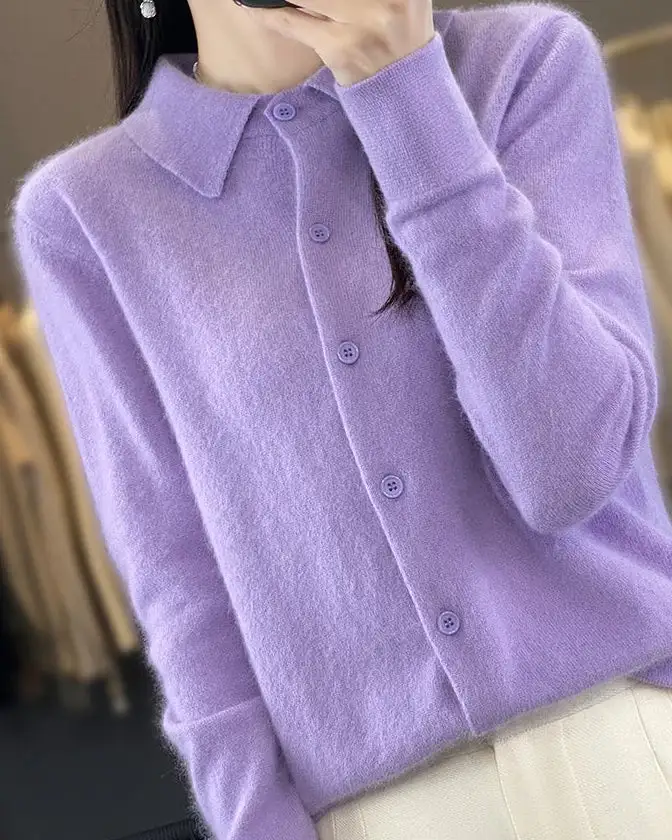 Mink-Cashmere Cashmere Button-Front Polo-Collar Cardigan