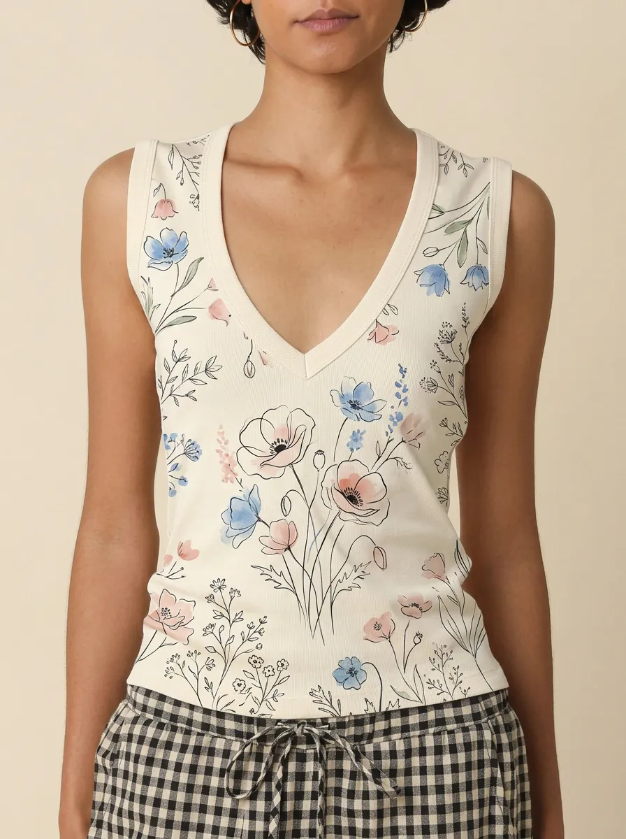Women's Floral Botanical Garden Poppy Printed V-neck Tank Top