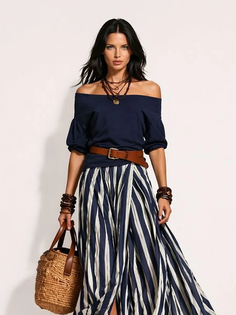 Arlette Women's Vacation-Style Off-Shoulder Top and Slit Skirt Set