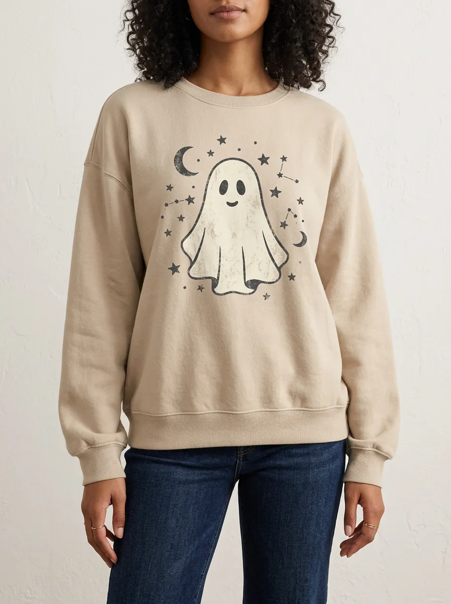 Women's Halloween Ghost Celestial Moon Stars Printed Sweatshirt