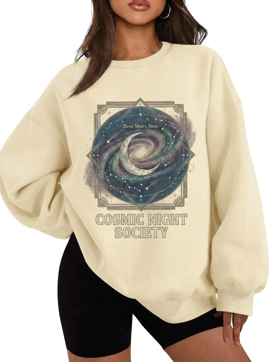 Women's Cosmic Night Society Galaxy Moon Printed T-shirt