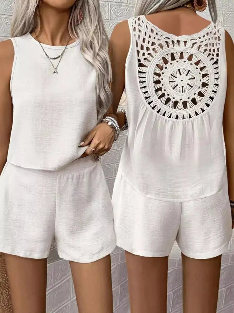 Round-Neck Lace Shorts Matching Set