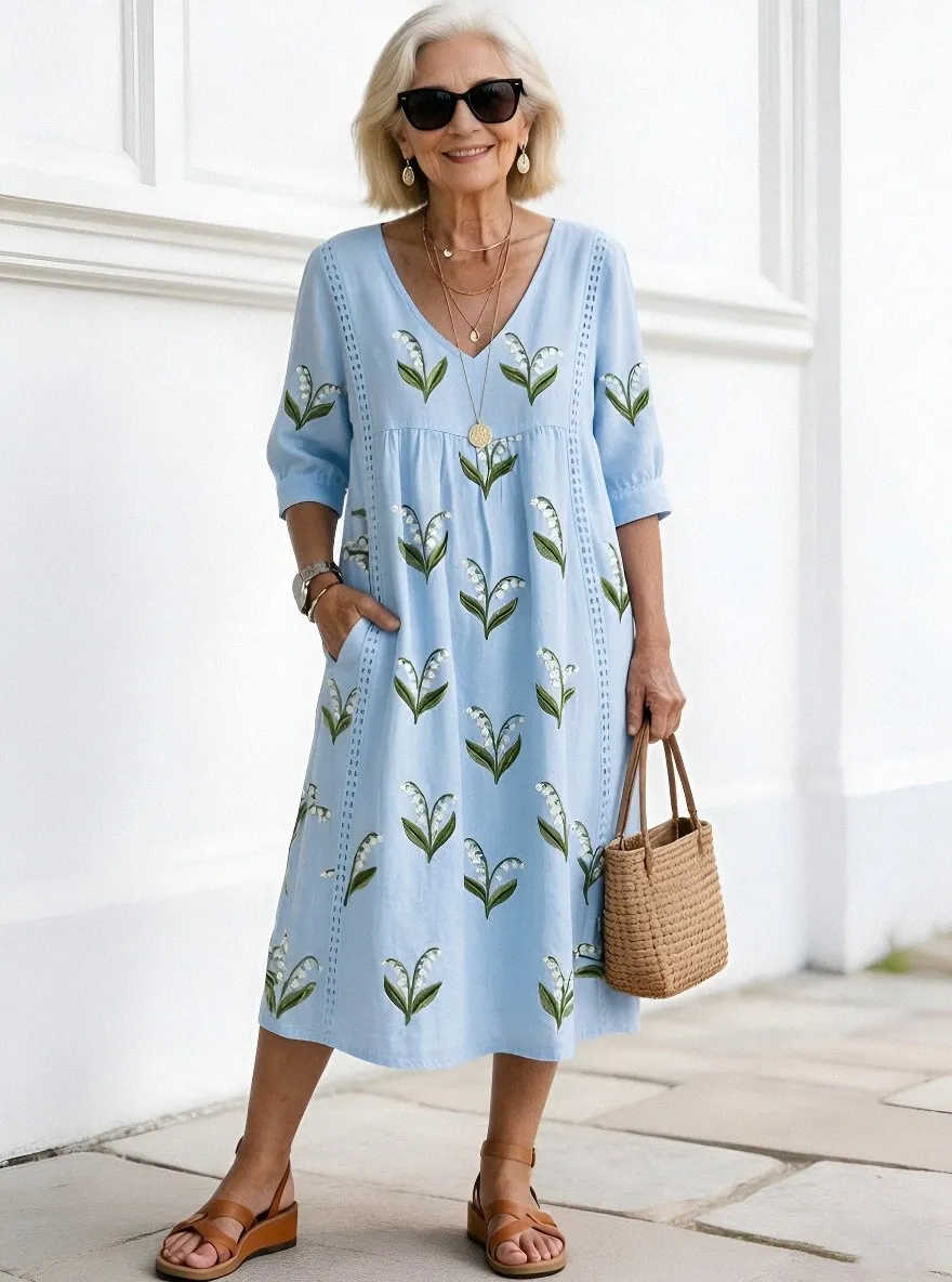 Women's Summer Vacation Lily of the Valley Floral Printed Dress