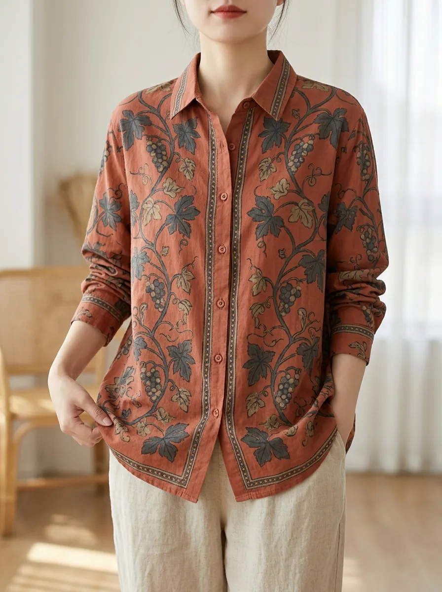 Women's Vintage Grape Vine Botanical Printed Shirt