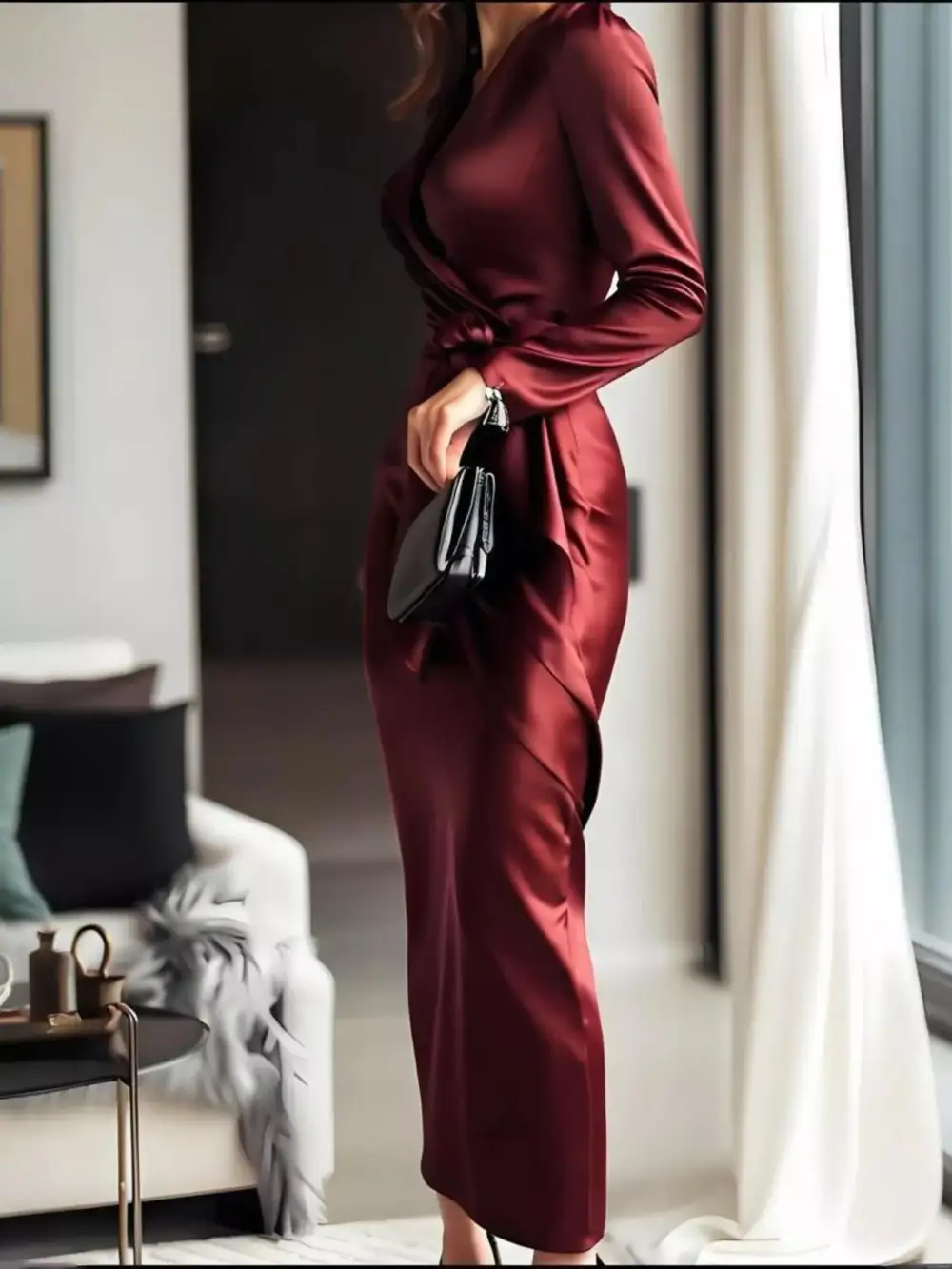 Surplice Long-Sleeve Satin Casual Dress