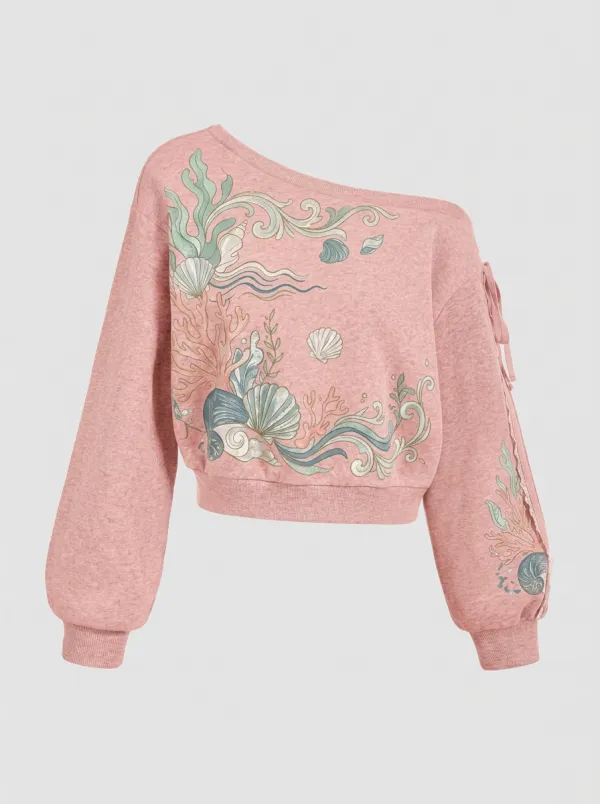 Women's Ocean Lover Seashell Coral Printed Off-Shoulder Sweatshirt