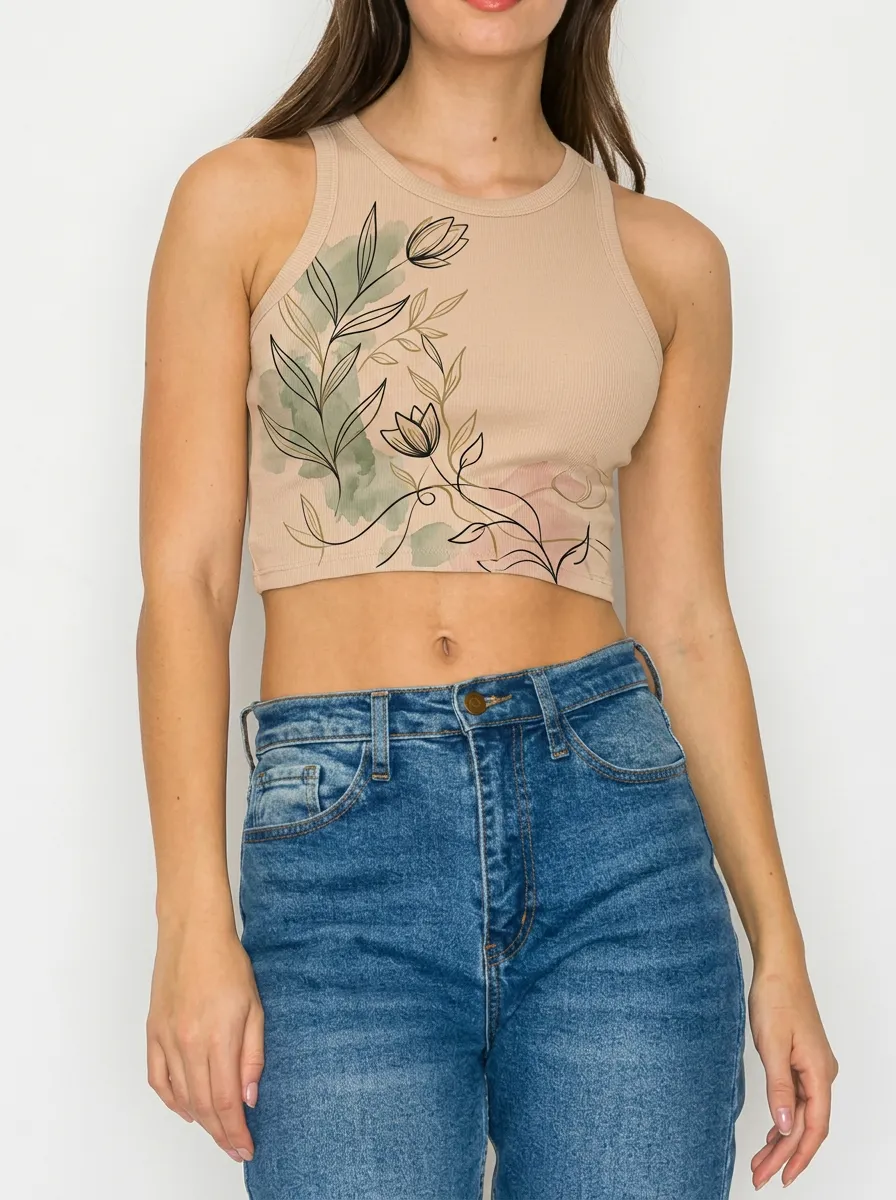Women's Floral Botanical Watercolor Printed Ribbed Tank Top