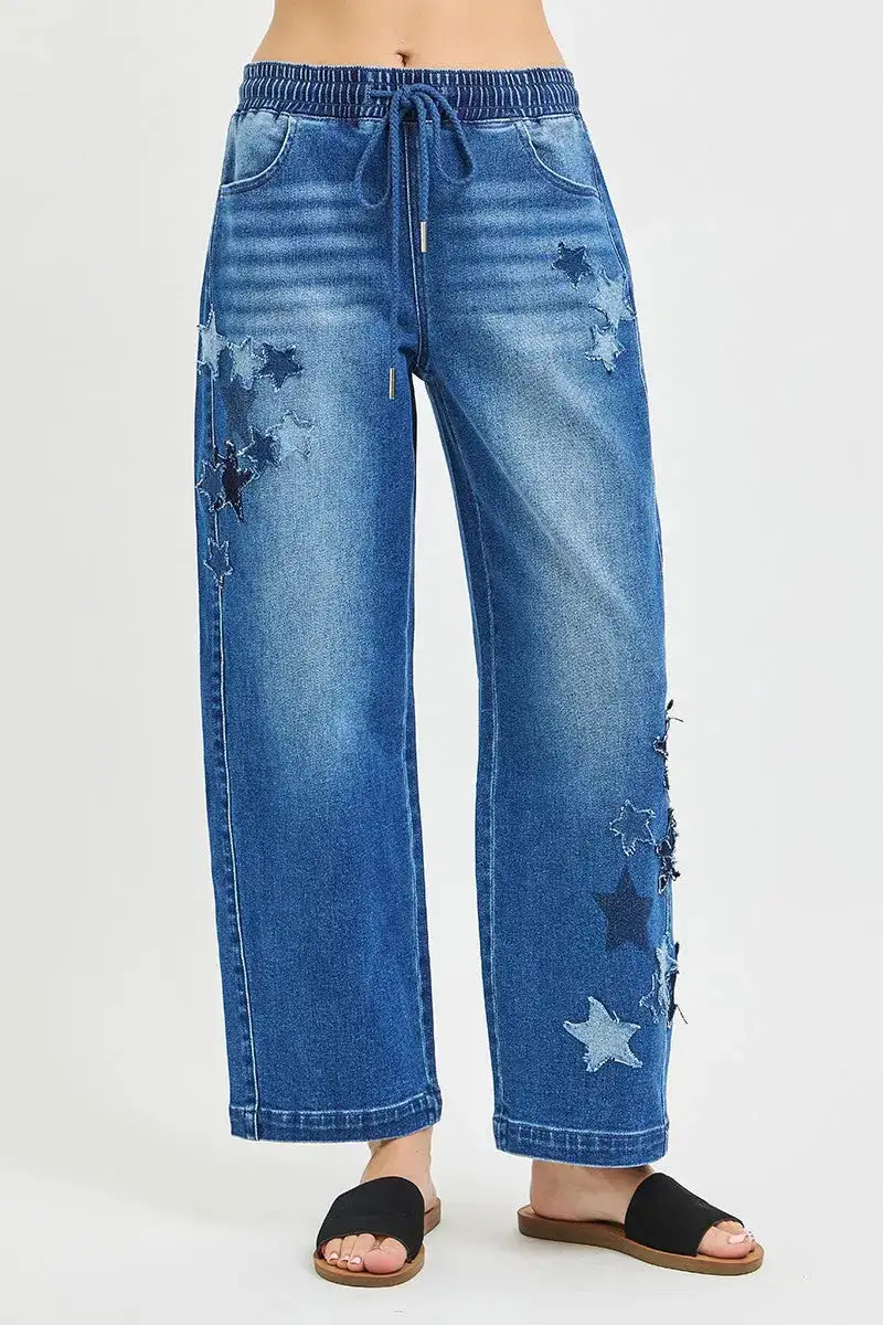 Barrel Leg Cropped Elastic Waist Drawstring Pocketed Denim Jeans