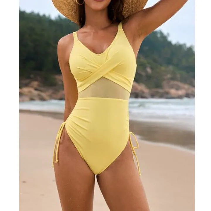 Women's Crisscross Ruched V-Neck Drawstring One-Piece Swimsuit