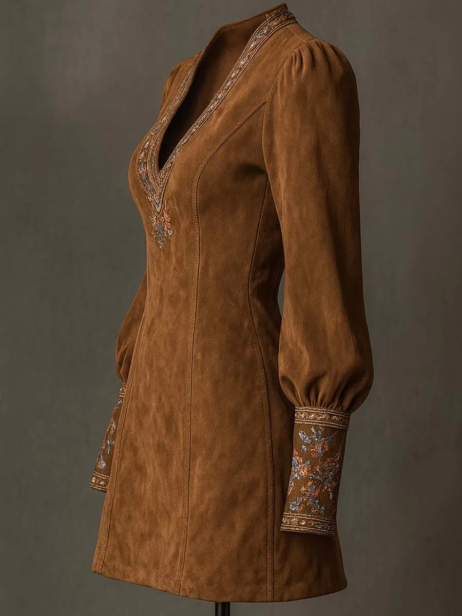 Vintage Suede Embroidered Mini Dress With Long Sleeves