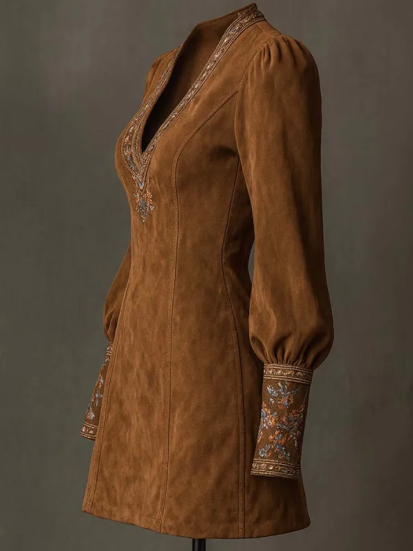 Vintage Suede Embroidered Mini Dress With Long Sleeves