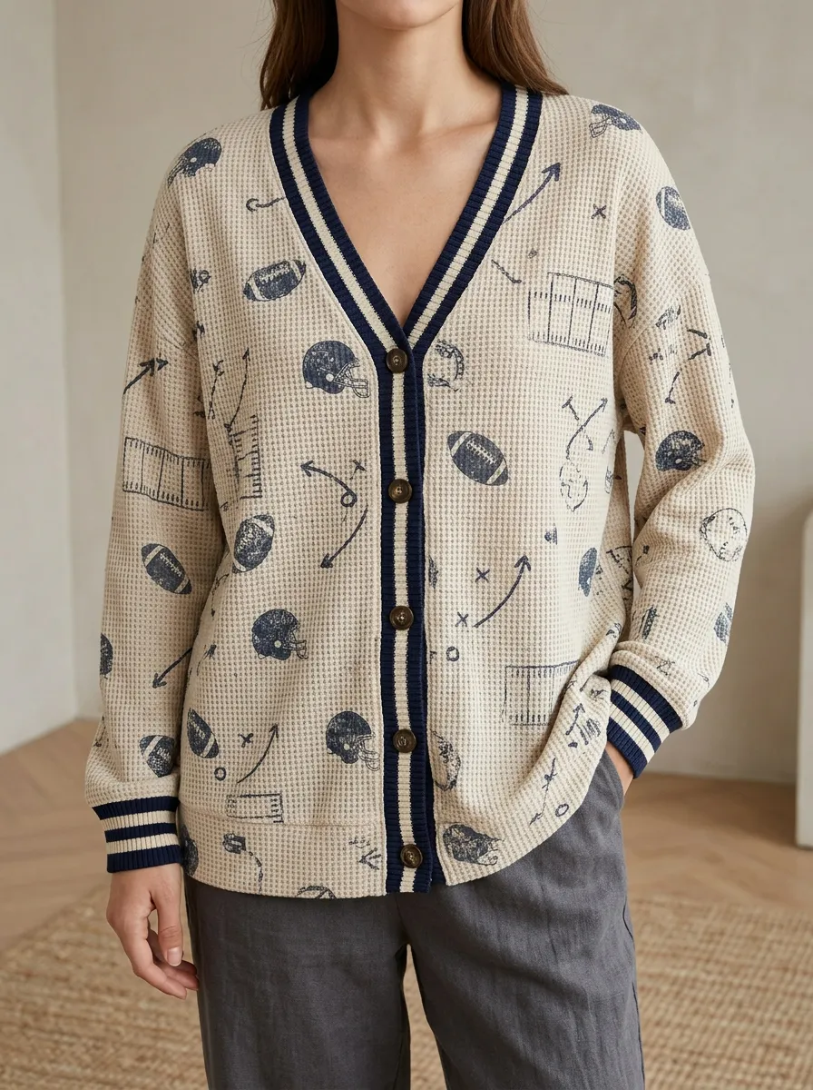 Women's Stadium Football Fan Helmet Playbook Printed Waffle Cardigan