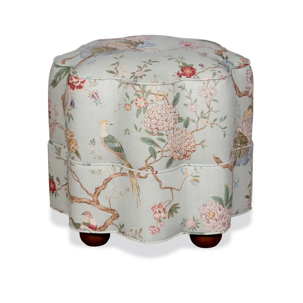 Refined Upholstered Linen Sculptural Chinoiserie Accent Stool