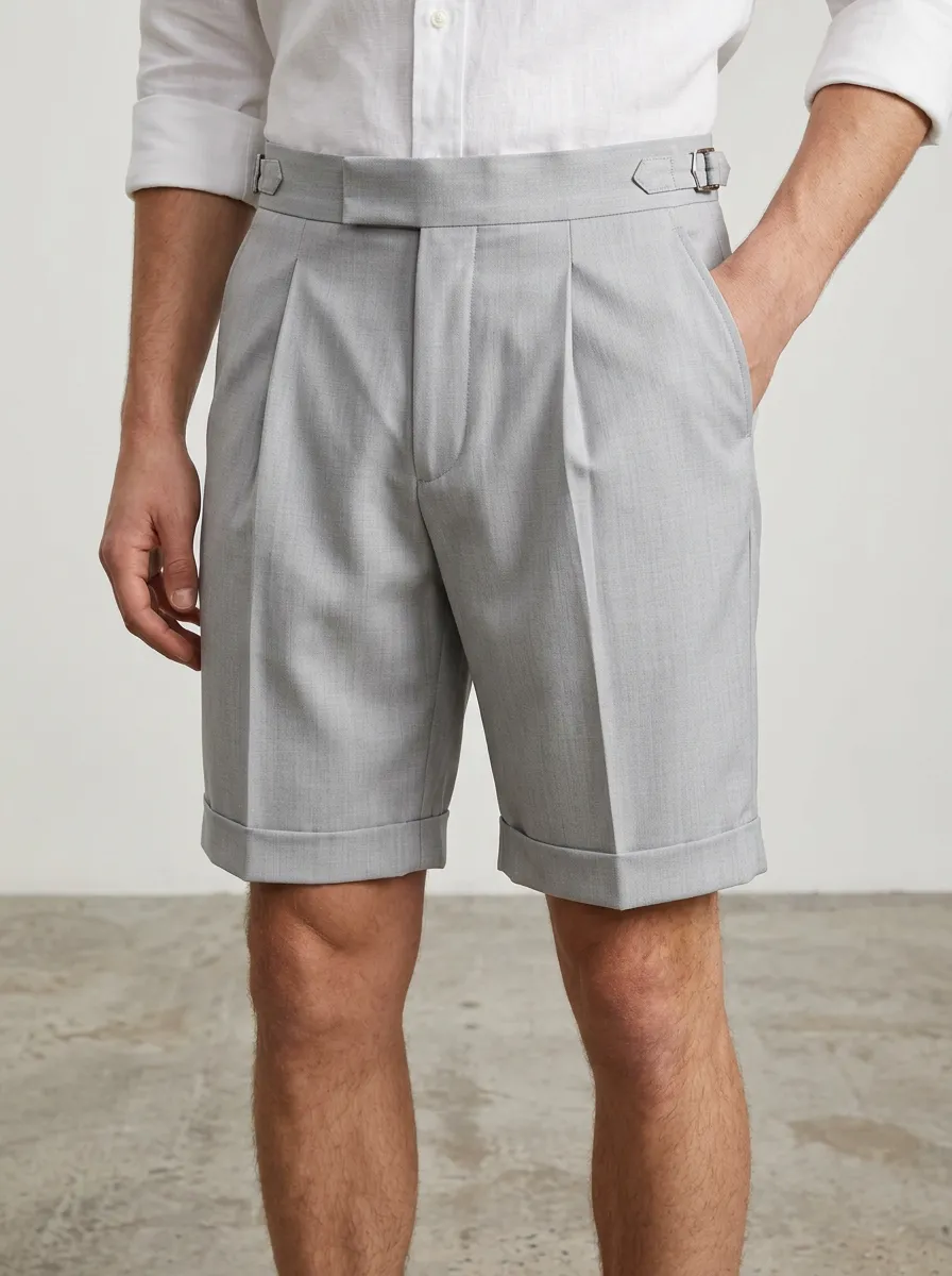 Men's Casual Business Grey Pleated Side-Buckle Tailored Shorts