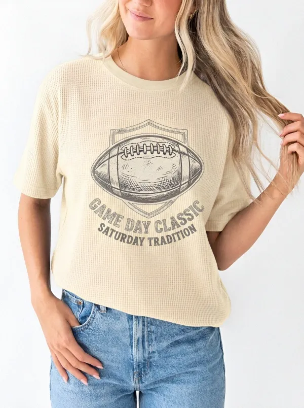 Women's Football Fan Game Day Classic Saturday Tradition Printed Waffle T-Shirt
