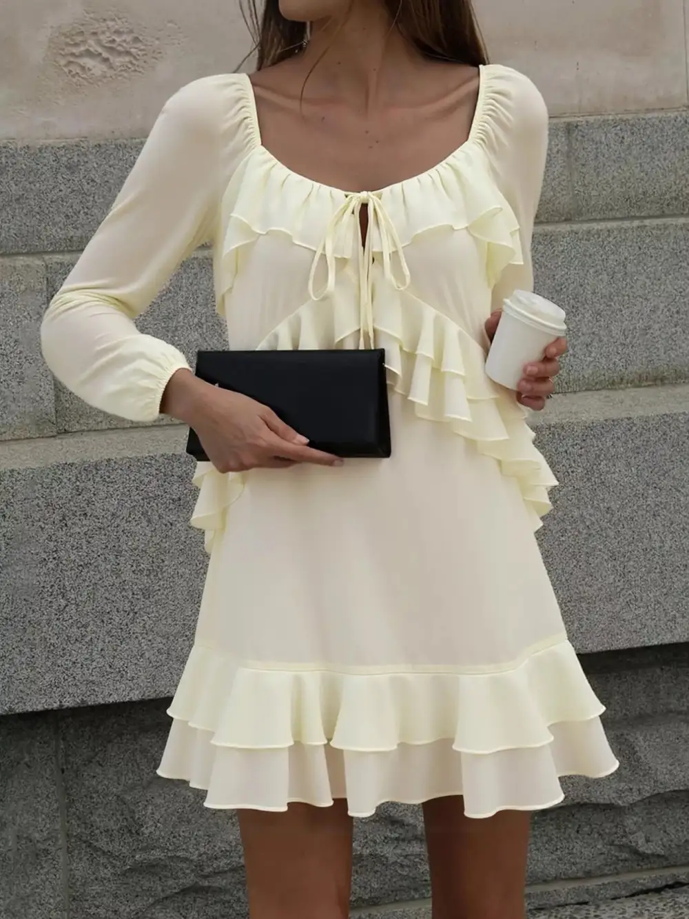 Textured Detail Ruffle Long Sleeve Mini Dress