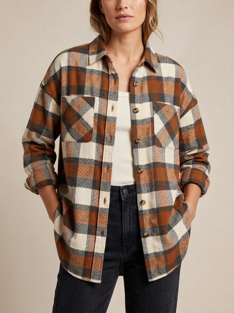 Textured Printed Plaid Plaid Long-Sleeve Shirt
